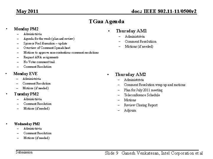 May 2011 doc. : IEEE 802. 11 -11/0500 r 2 TGaa Agenda • Monday