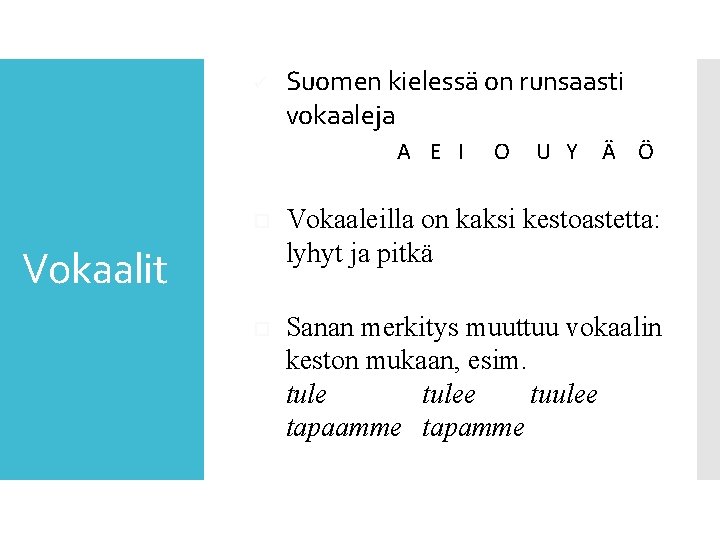 ü Suomen kielessä on runsaasti vokaaleja A E I O U Y Ä Ö