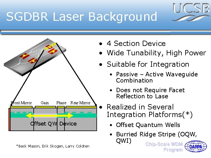 SGDBR Laser Background • 4 Section Device • Wide Tunability, High Power • Suitable