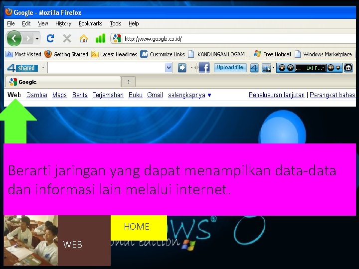 Berarti jaringan yang dapat menampilkan data-data dan informasi lain melalui internet. HOME WEB 