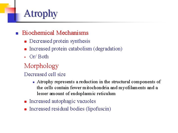 Atrophy n Biochemical Mechanisms n n § Decreased protein synthesis Increased protein catabolism (degradation)