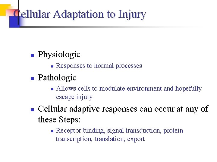 Cellular Adaptation to Injury n Physiologic n n Pathologic n n Responses to normal