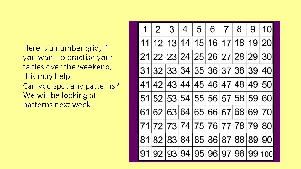 Here is a number grid, if you want to practise your tables over the
