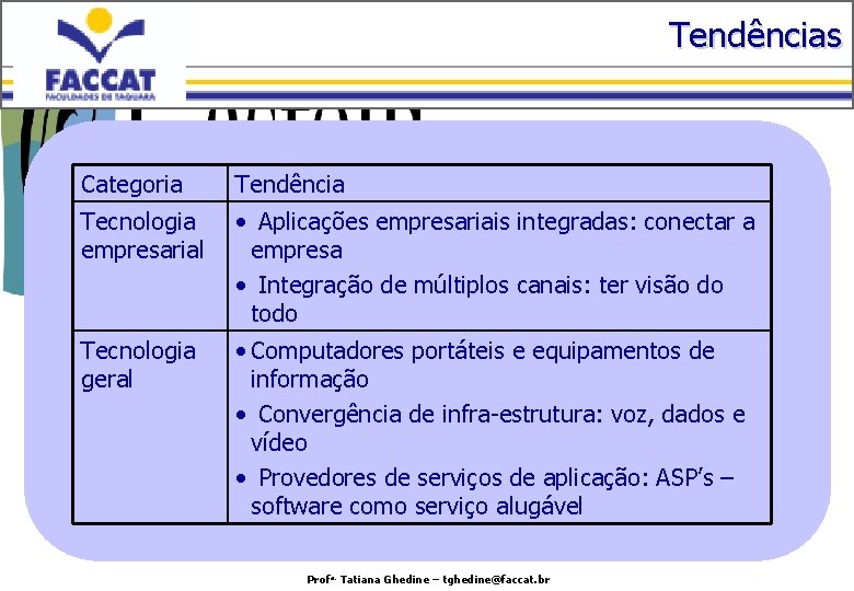 Tendências Categoria Tendência Tecnologia empresarial • Aplicações empresariais integradas: conectar a empresa • Integração