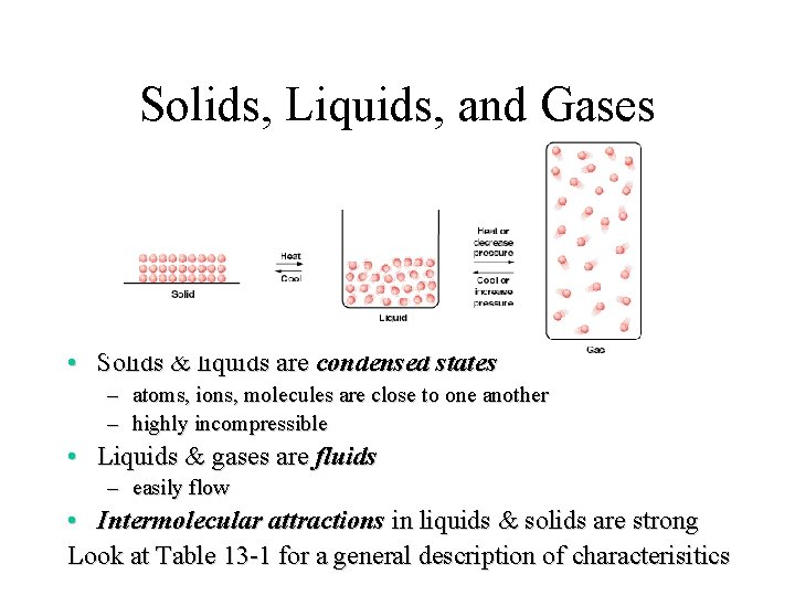 Solids, Liquids, and Gases • Solids & liquids are condensed states – atoms, ions,