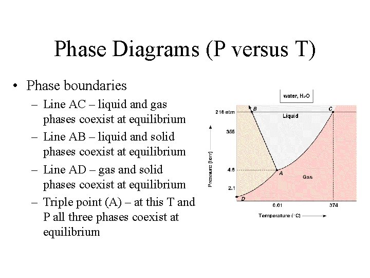 Phase Diagrams (P versus T) • Phase boundaries – Line AC – liquid and