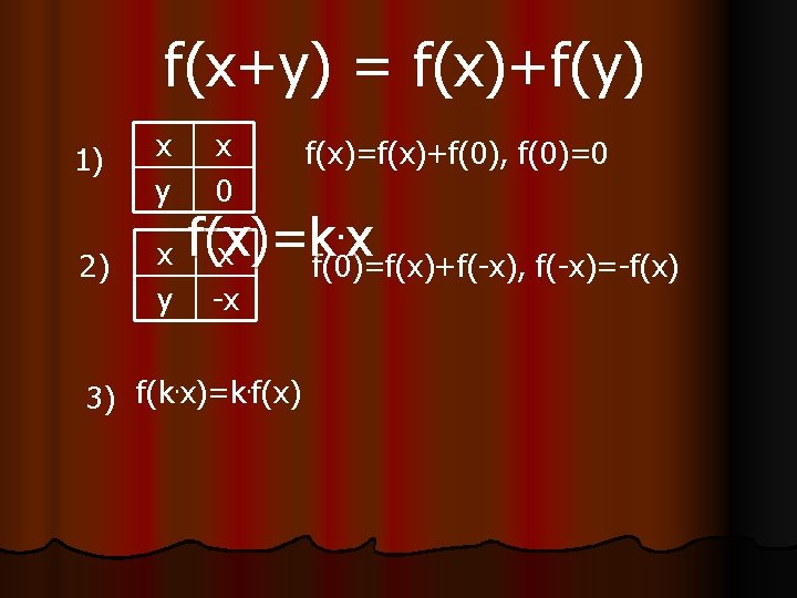 f(x+y) = f(x)+f(y) 1) 2) x y x 0 y -x f(x)=f(x)+f(0), f(0)=0 .