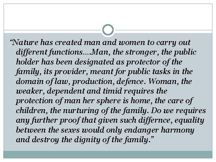 “Nature has created man and women to carry out different functions…. Man, the stronger,