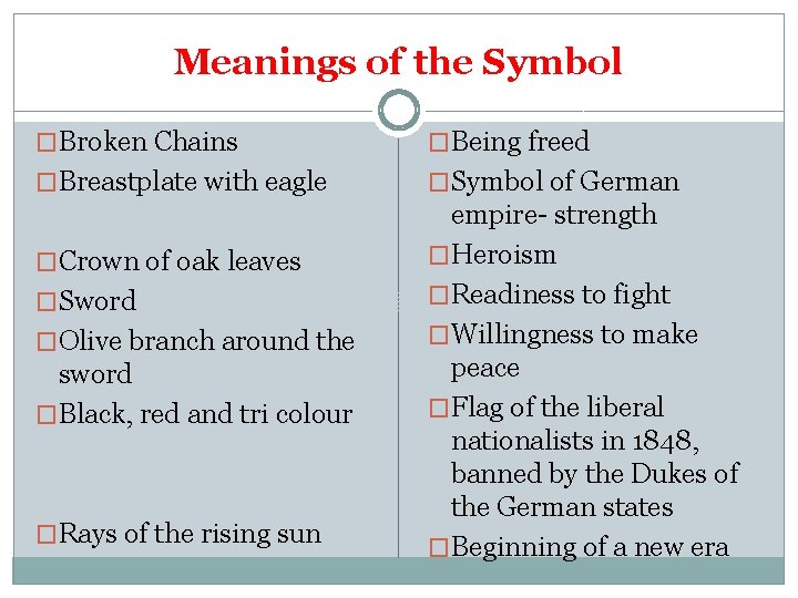Meanings of the Symbol �Broken Chains �Being freed �Breastplate with eagle �Symbol of German