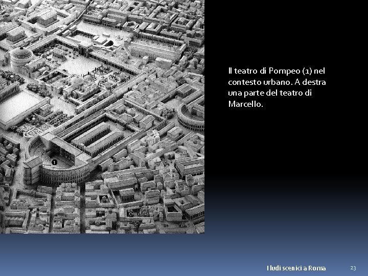 Il teatro di Pompeo (1) nel contesto urbano. A destra una parte del teatro