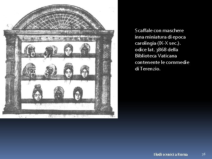 Scaffale con maschere inna miniatura di epoca carolingia (IX-X sec. ). odice lat. 3868