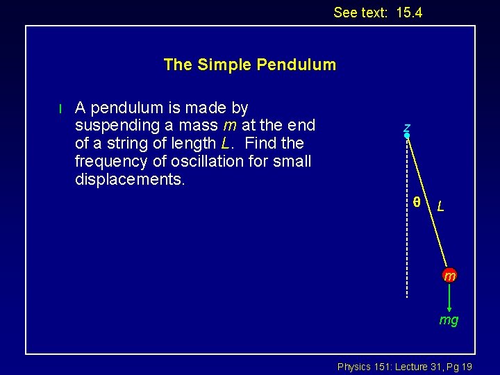 See text: 15. 4 The Simple Pendulum l A pendulum is made by suspending