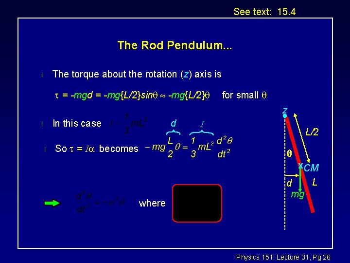 See text: 15. 4 The Rod Pendulum. . . The torque about the rotation