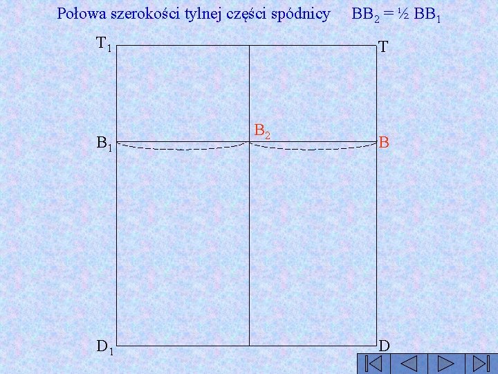 Połowa szerokości tylnej części spódnicy T 1 B 1 D 1 BB 2 =