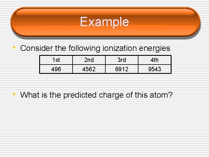 Example • Consider the following ionization energies 1 st 2 nd 3 rd 4