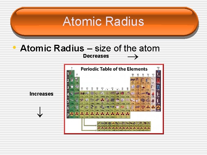 Atomic Radius Decreases Increases • Atomic Radius – size of the atom 