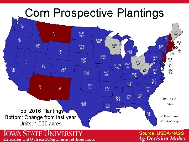 Corn Prospective Plantings Top: 2016 Plantings Bottom: Change from last year Units: 1, 000