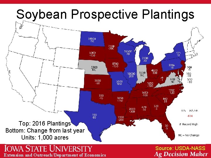 Soybean Prospective Plantings Top: 2016 Plantings Bottom: Change from last year Units: 1, 000