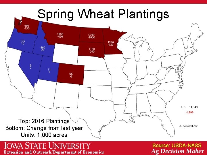 Spring Wheat Plantings Top: 2016 Plantings Bottom: Change from last year Units: 1, 000