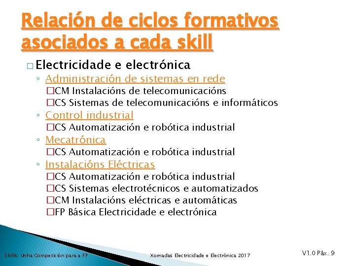 Relación de ciclos formativos asociados a cada skill � Electricidade e electrónica ◦ Administración