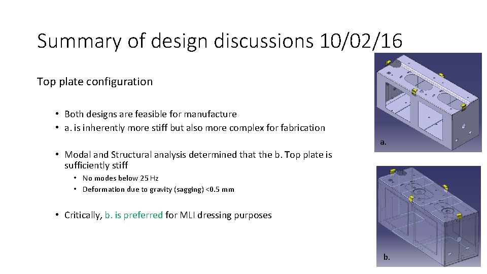 Summary of design discussions 10/02/16 Top plate configuration • Both designs are feasible for