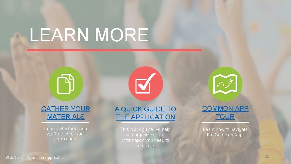 LEARN MORE GATHER YOUR MATERIALS A QUICK GUIDE TO THE APPLICATION COMMON APP TOUR
