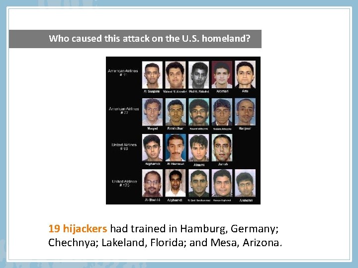 Who caused this attack on the U. S. homeland? 19 hijackers had trained in