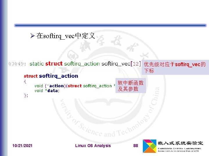  在softirq_vec中定义 优先级对应于softirq_vec的 下标 软中断函数 及其参数 10/21/2021 Linux OS Analysis 88 