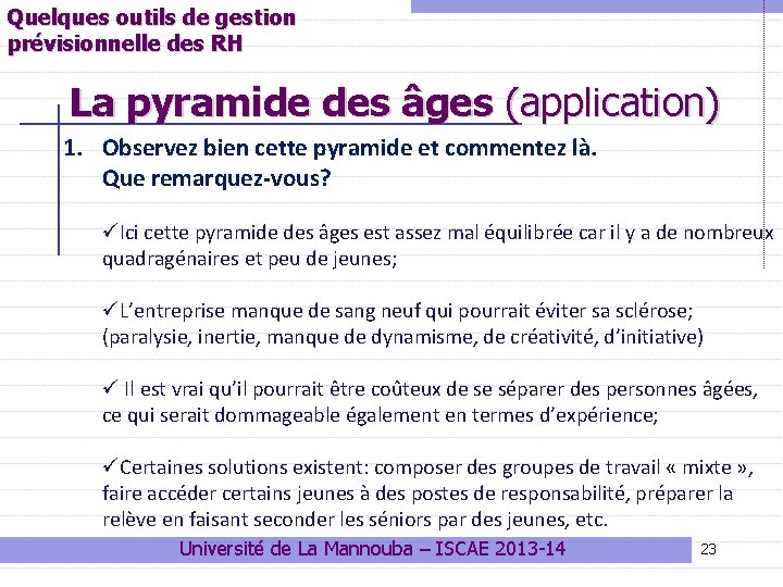 Quelques outils de gestion prévisionnelle des RH La pyramide des âges (application) 1. Observez