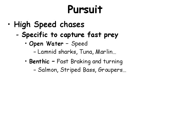 Pursuit • High Speed chases - Specific to capture fast prey • Open Water