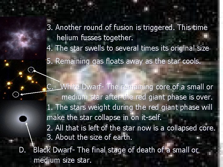3. Another round of fusion is triggered. This time helium fusses together. 4. The 3. Another round of fusion is triggered. This time helium fusses together. 4. The