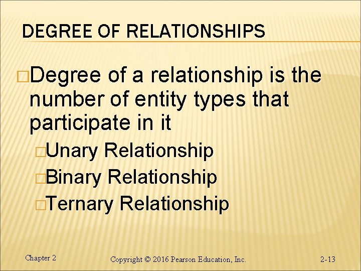 DEGREE OF RELATIONSHIPS �Degree of a relationship is the number of entity types that