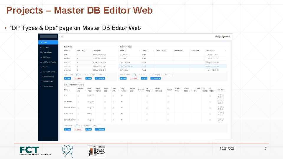 Projects – Master DB Editor Web • “DP Types & Dpe” page on Master
