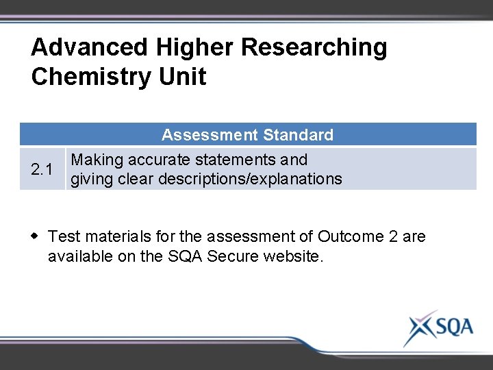 Advanced Higher Researching Chemistry Unit 2. 1 Assessment Standard Making accurate statements and giving