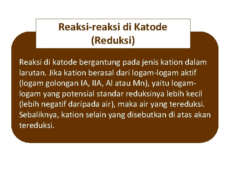 Reaksi-reaksi di Katode (Reduksi) Reaksi di katode bergantung pada jenis kation dalam larutan. Jika