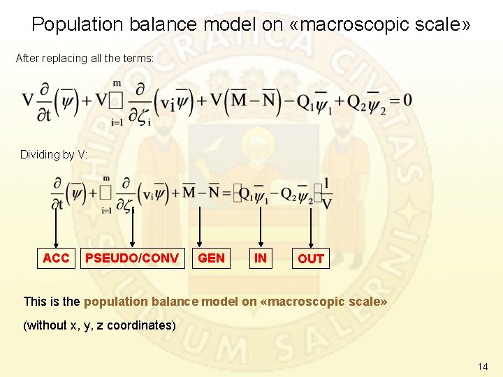 Population balance model on «macroscopic scale» After replacing all the terms: Dividing by V: