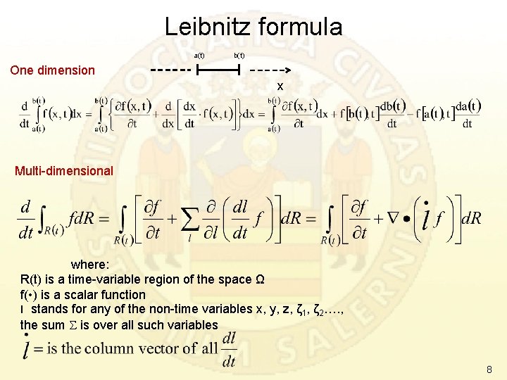 Leibnitz formula a(t) b(t) One dimension x Multi-dimensional where: R(t) is a time-variable region