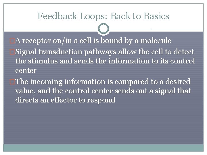 Feedback Loops: Back to Basics �A receptor on/in a cell is bound by a