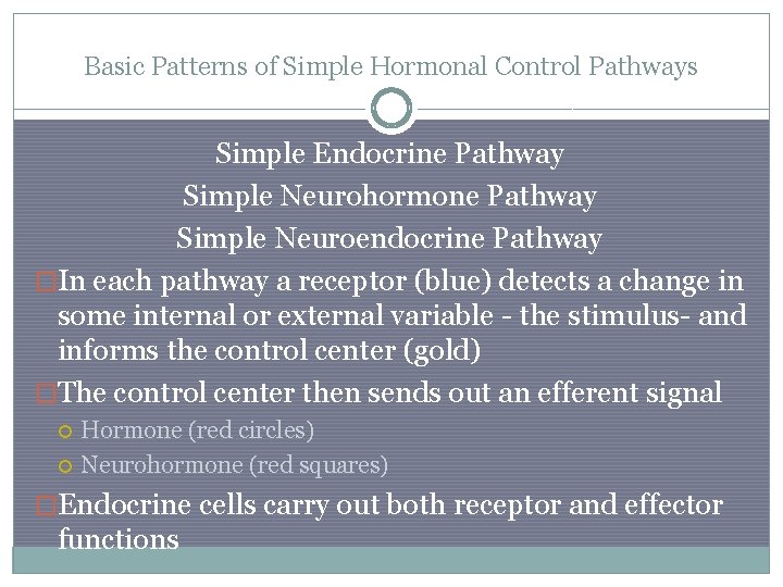 Basic Patterns of Simple Hormonal Control Pathways Simple Endocrine Pathway Simple Neurohormone Pathway Simple