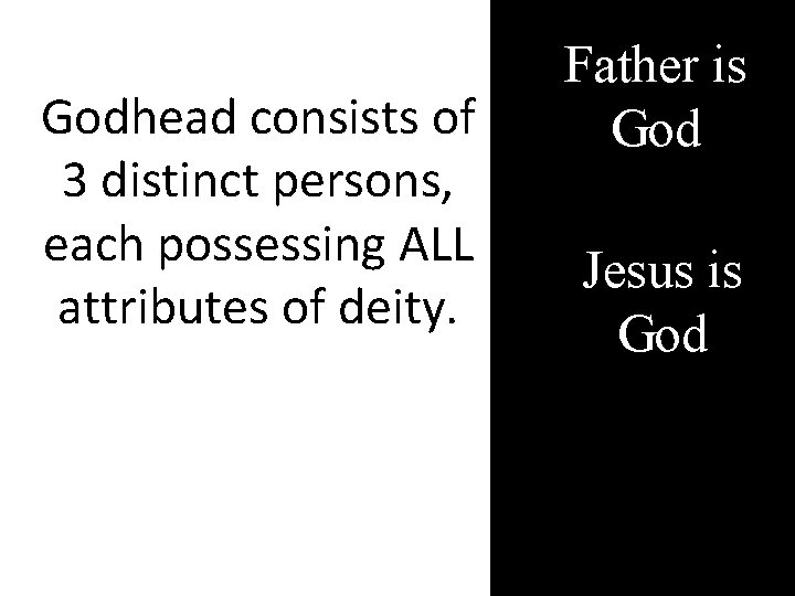 Godhead consists of 3 distinct persons, each possessing ALL attributes of deity. Father is