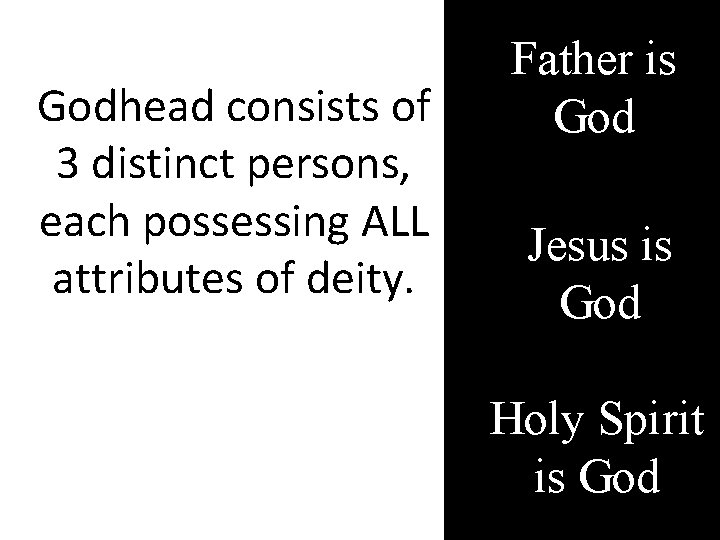 Godhead consists of 3 distinct persons, each possessing ALL attributes of deity. Father is