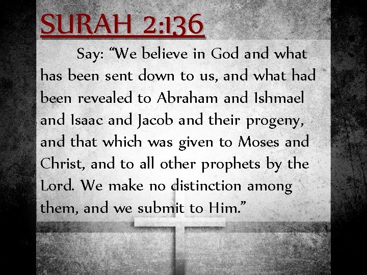 SURAH 2: 136 Say: “We believe in God and what has been sent down