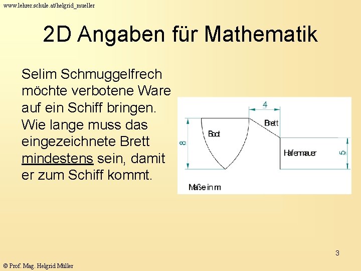 www. lehrer. schule. at/helgrid_mueller 2 D Angaben für Mathematik Selim Schmuggelfrech möchte verbotene Ware