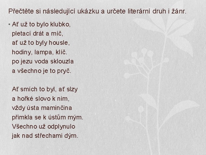 Přečtěte si následující ukázku a určete literární druh i žánr. • Ať už to