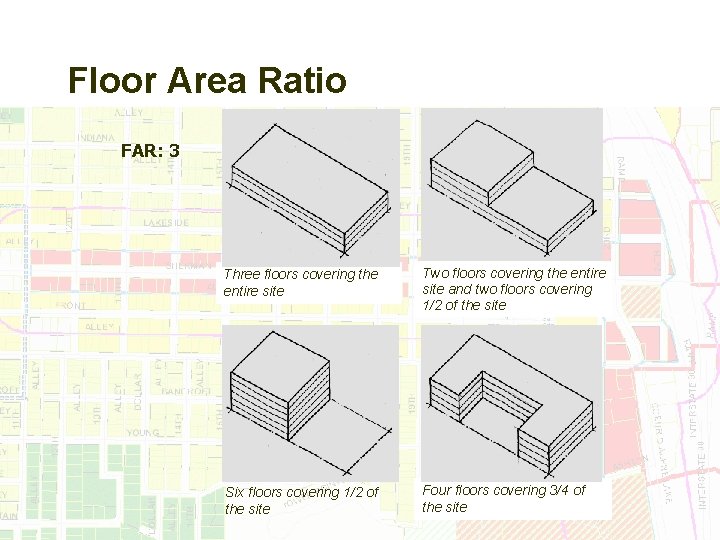 Floor Area Ratio FAR: 3 Three floors covering the entire site Two floors covering