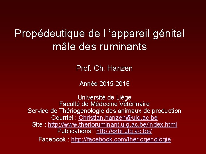 Propédeutique de l ’appareil génital mâle des ruminants Prof. Ch. Hanzen Année 2015 -2016