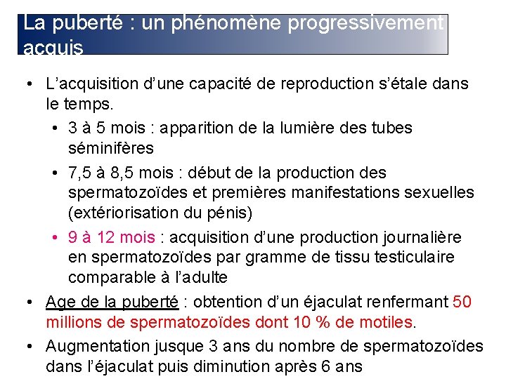 La puberté : un phénomène progressivement acquis • L’acquisition d’une capacité de reproduction s’étale