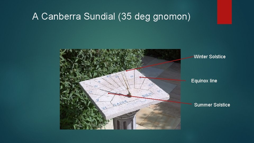 A Canberra Sundial (35 deg gnomon) Winter Solstice Equinox line Summer Solstice 