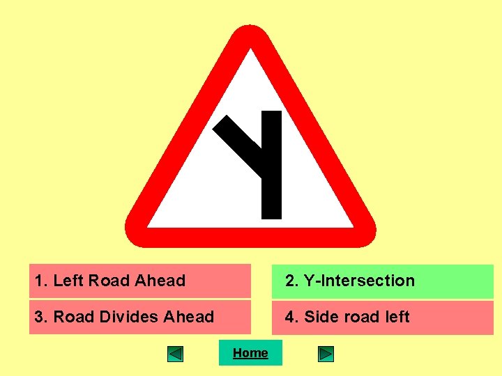 1. Left Road Ahead 2. Y-Intersection 3. Road Divides Ahead 4. Side road left