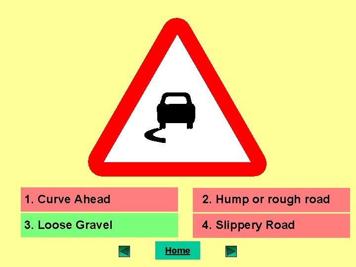 1. Curve Ahead 2. Hump or rough road 3. Loose Gravel 4. Slippery Road